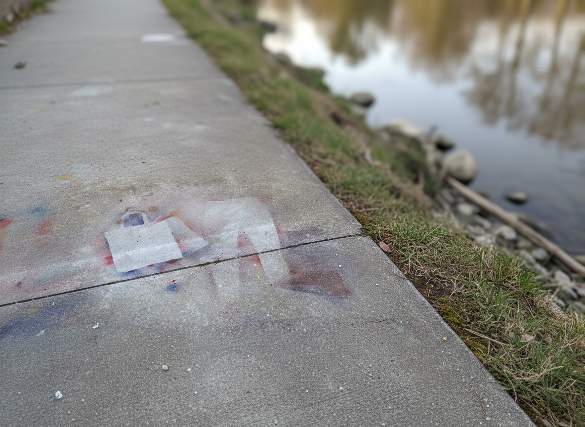 Auf einem Uferweg am Kanal sind mit Sprühkreide eine Hose und Einkaufstasche aufgebracht.
