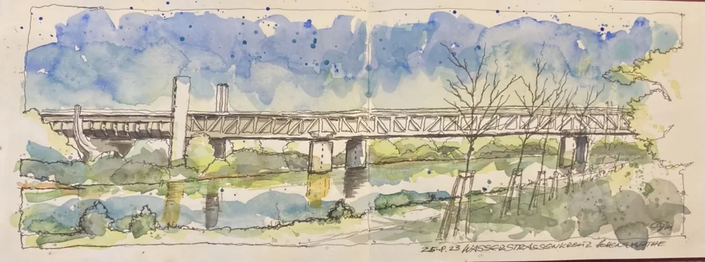 Ein Aquarell des Wasserstraßenkreuzes bei Magdeburg von Claus-Dieter Müller aus dem Jahr 2023.