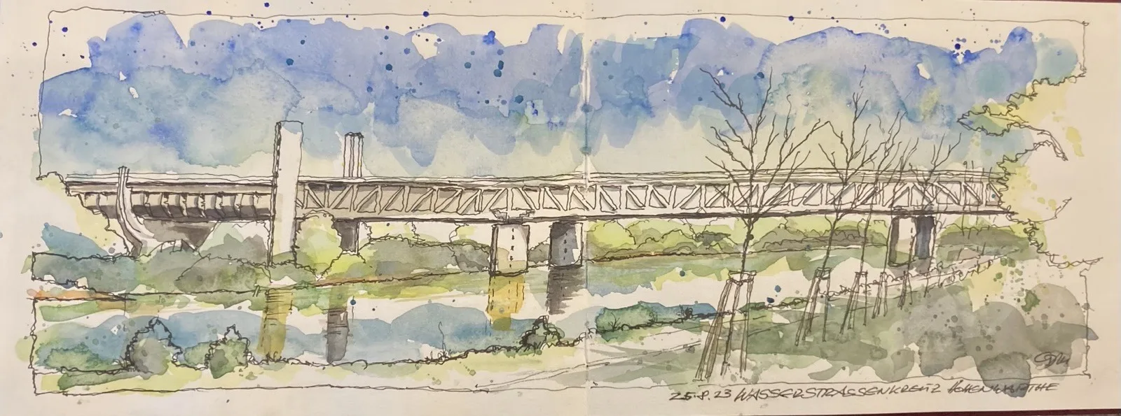 Ein Aquarell des Wasserstraßenkreuzes bei Magdeburg von Claus-Dieter Müller aus dem Jahr 2023.