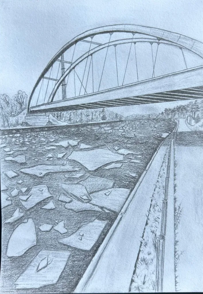 Bleistiftzeichnung Eisschollen am Elbe-Havel-Kanal von Sandra aus Burg.